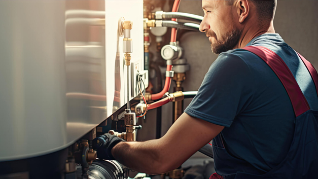 Heizungsfachmann bei professioneller Wartung und Installation einer modernen Heizungsanlage - Fachgerechter Heizungsservice