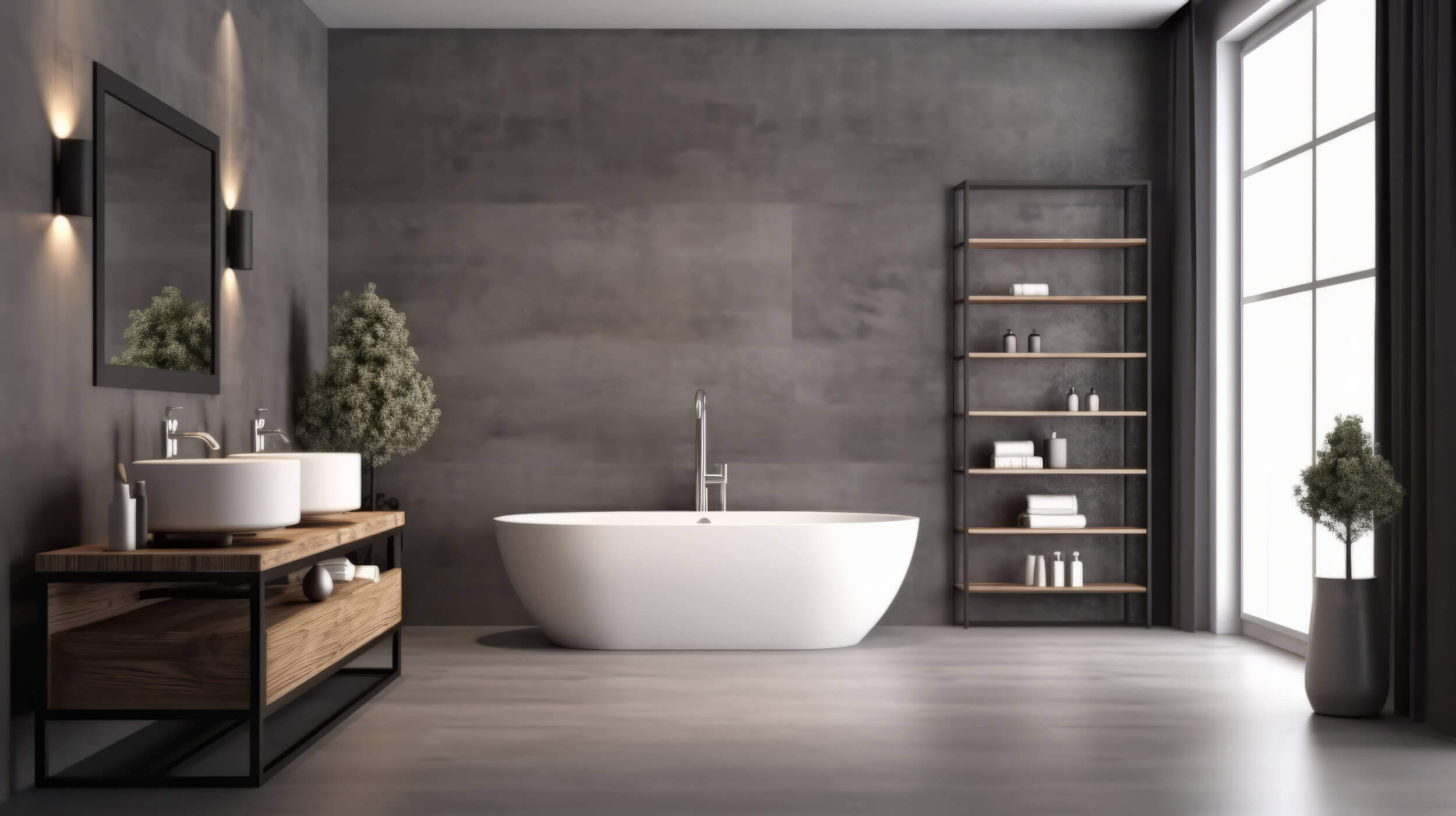 Modernes Badezimmer mit freistehender weißer Designbadewanne, Betonoptik und Industrial-Regal